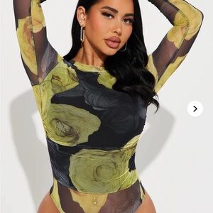 Fashion Nova Black and Yellow Floral Bodysuit